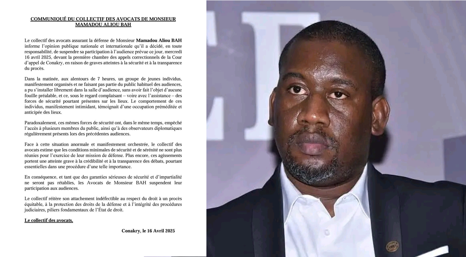 Audience suspendue : les avocats de Mamadou Aliou Bah dénoncent une atteinte à la sécurité